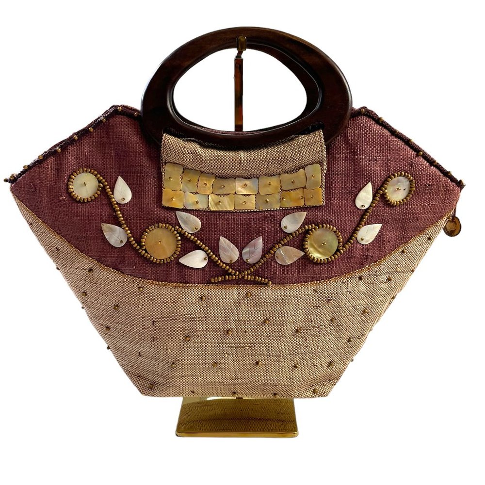 Vintage WOODEN HANDLE Woven Embellished Beaded Lined Pockets Zip Closure Purse